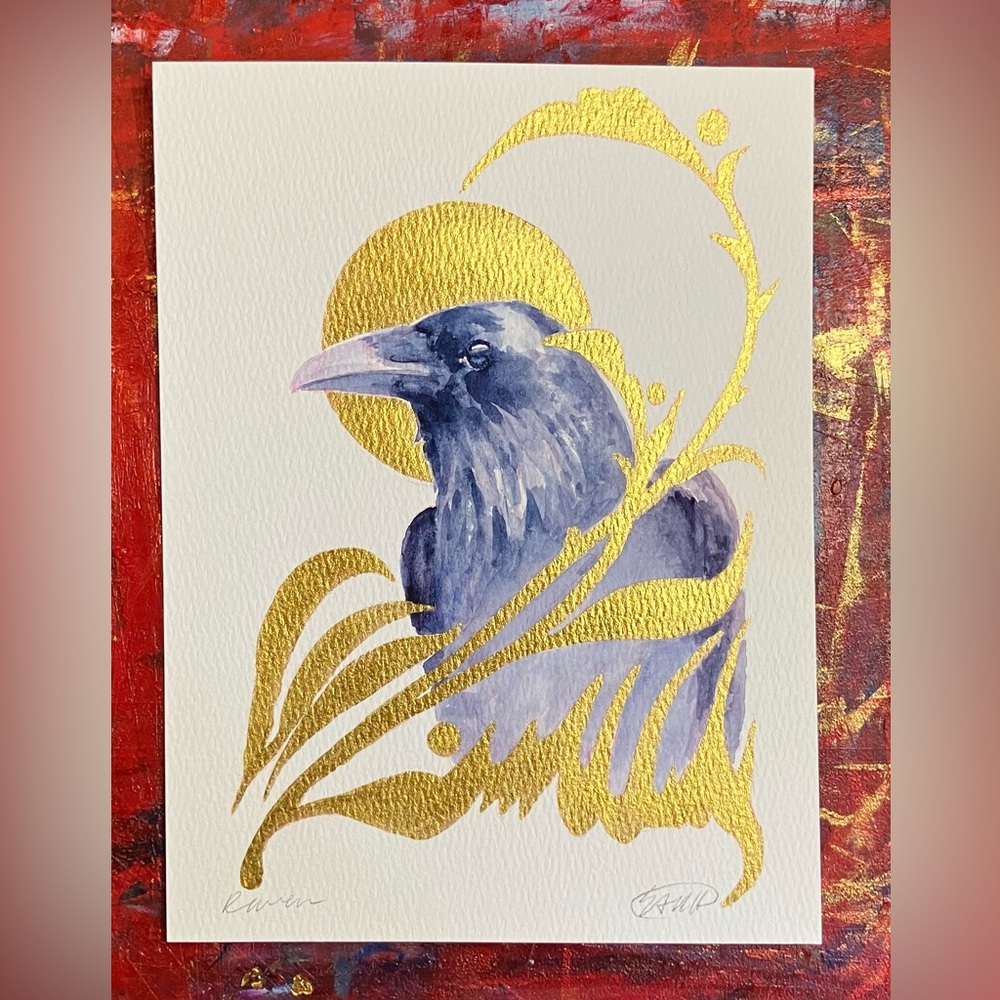 Original raven painting crow art Watercolor Gold accents Moon surreal Artettina